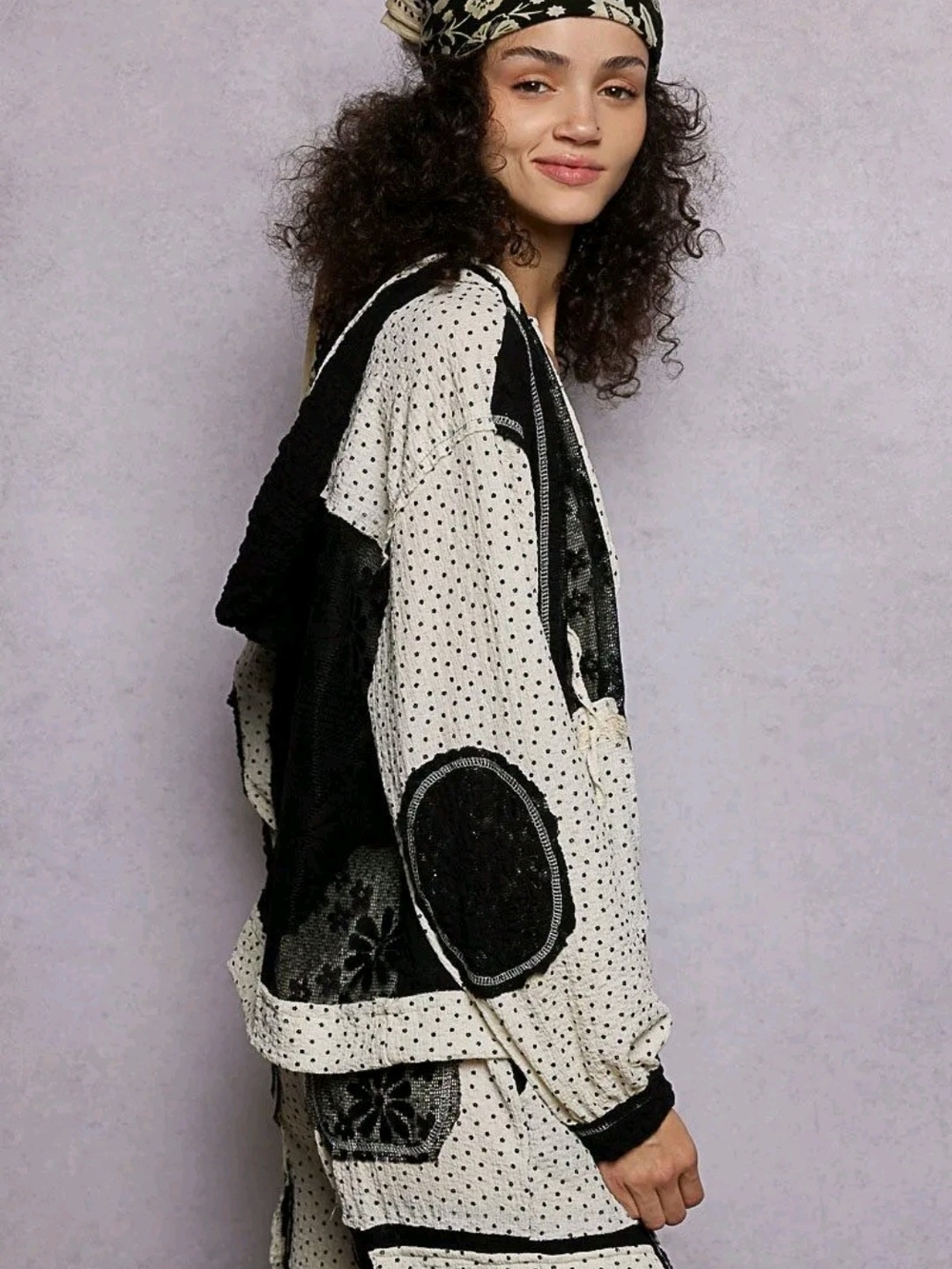 POL Boho Patchwork Black & White Hooded Jacket New
